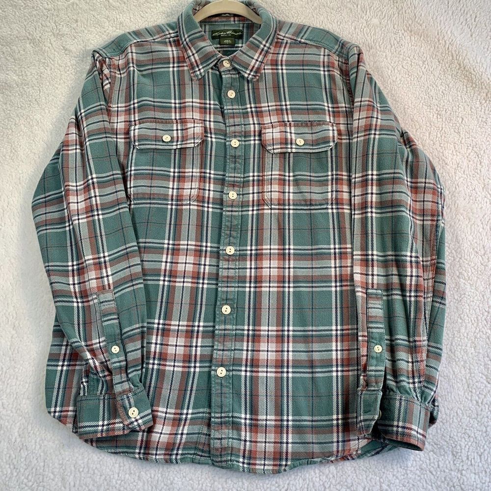 Eddie Bauer Men's green rust Flannel Plaid Shirt Size L Long Sleeve Button Down